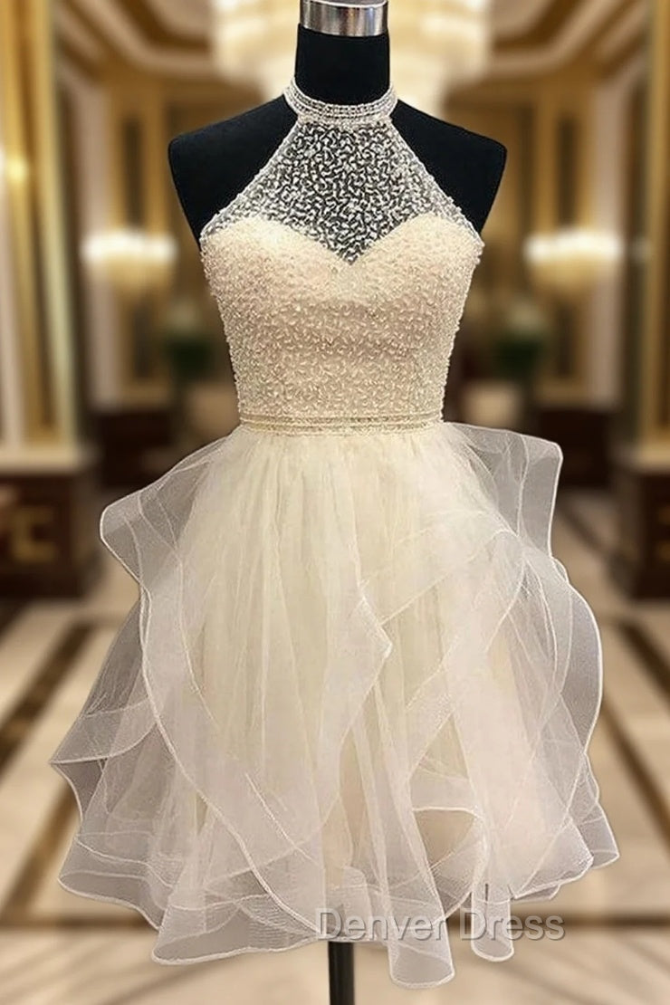A Line High Neck Sleeveless Organza Short Mini Homecoming Dresses With Beading