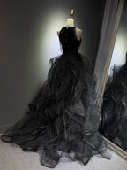 A-Line High Neck Tulle Ball Gown Sequin Black Prom Dresses With Beads