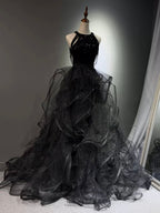 A-Line High Neck Tulle Ball Gown Sequin Black Prom Dresses With Beads