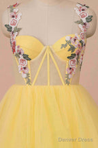 A-Line High Slit Yellow Tulle Prom Dress With Flower Appliques
