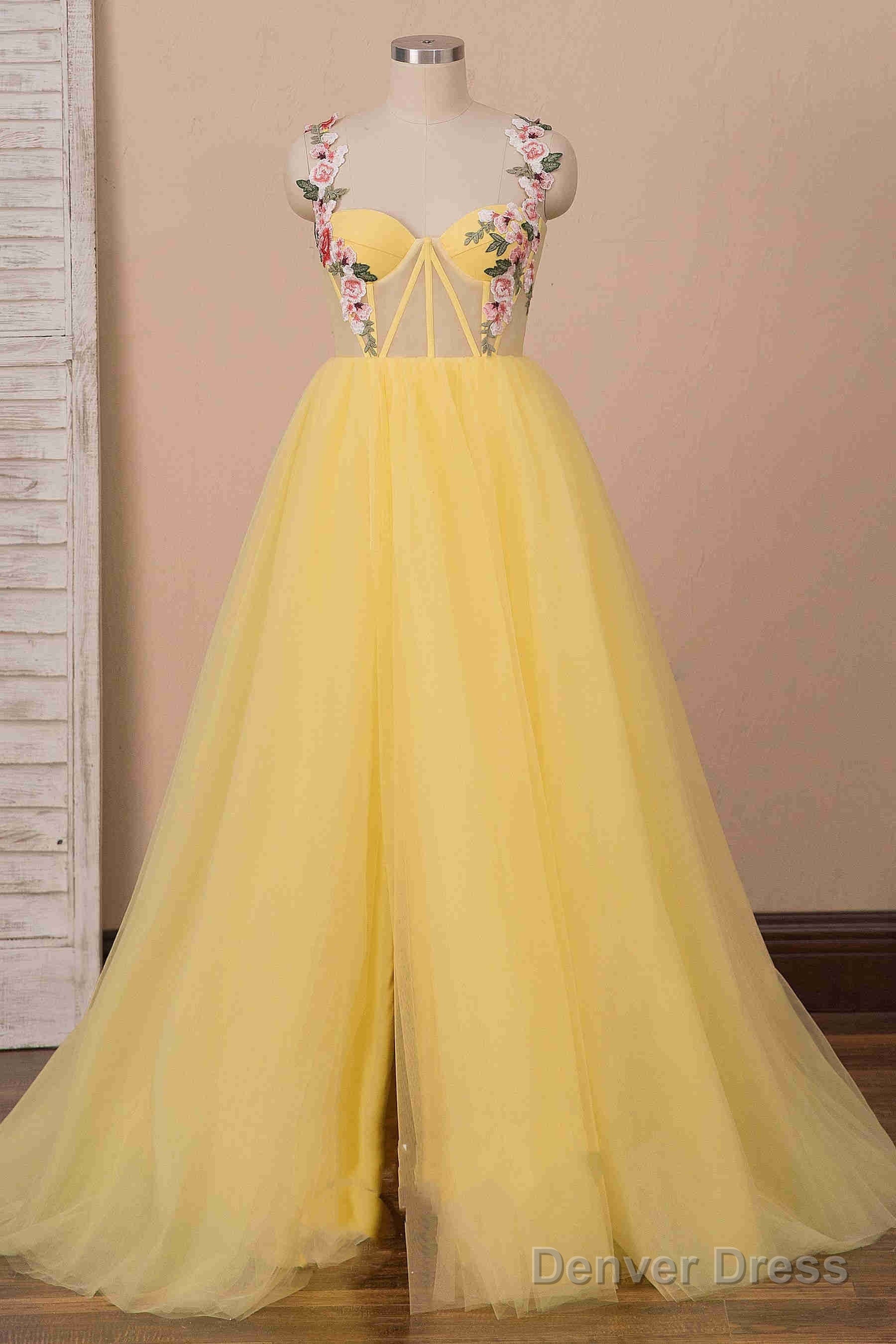 A-Line High Slit Yellow Tulle Prom Dress With Flower Appliques Main image