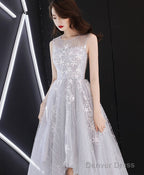 A Line Hight Low Lace Prom Dress, Gray Tulle Homecoming Dresses