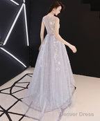 A Line Hight Low Lace Prom Dress, Gray Tulle Homecoming Dresses