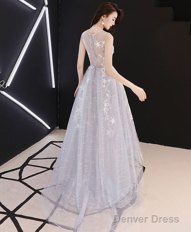 A Line Hight Low Lace Prom Dress, Gray Tulle Homecoming Dresses