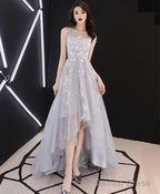 A Line Hight Low Lace Prom Dress, Gray Tulle Homecoming Dresses