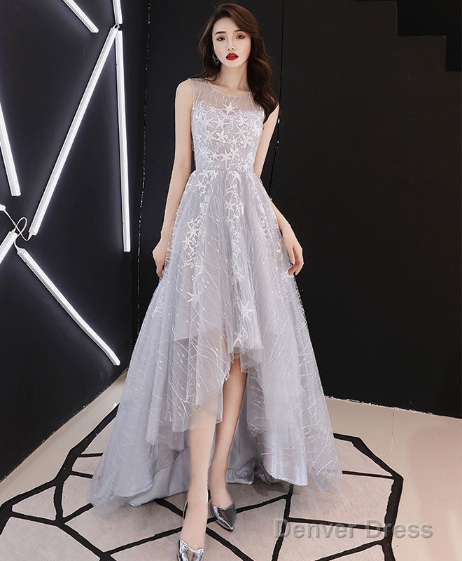 A Line Hight Low Lace Prom Dress, Gray Tulle Homecoming Dresses
