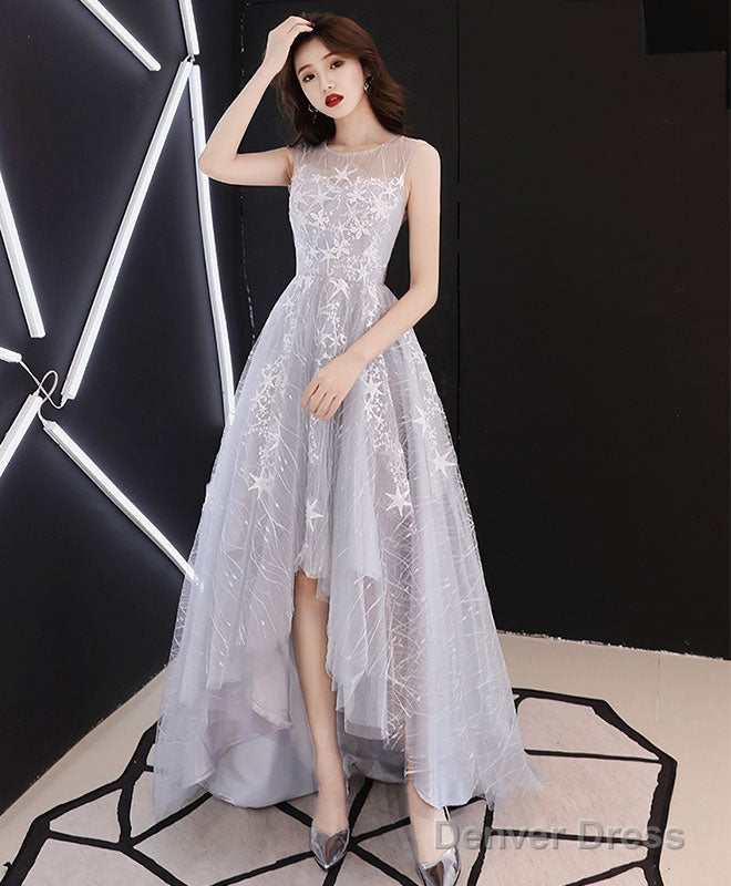 A Line Hight Low Lace Prom Dress, Gray Tulle Homecoming Dresses