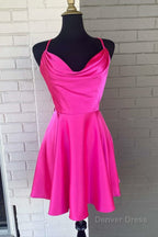 A Line Hot Pink Cowl Neck Lace Up Short Homecoming Dresses