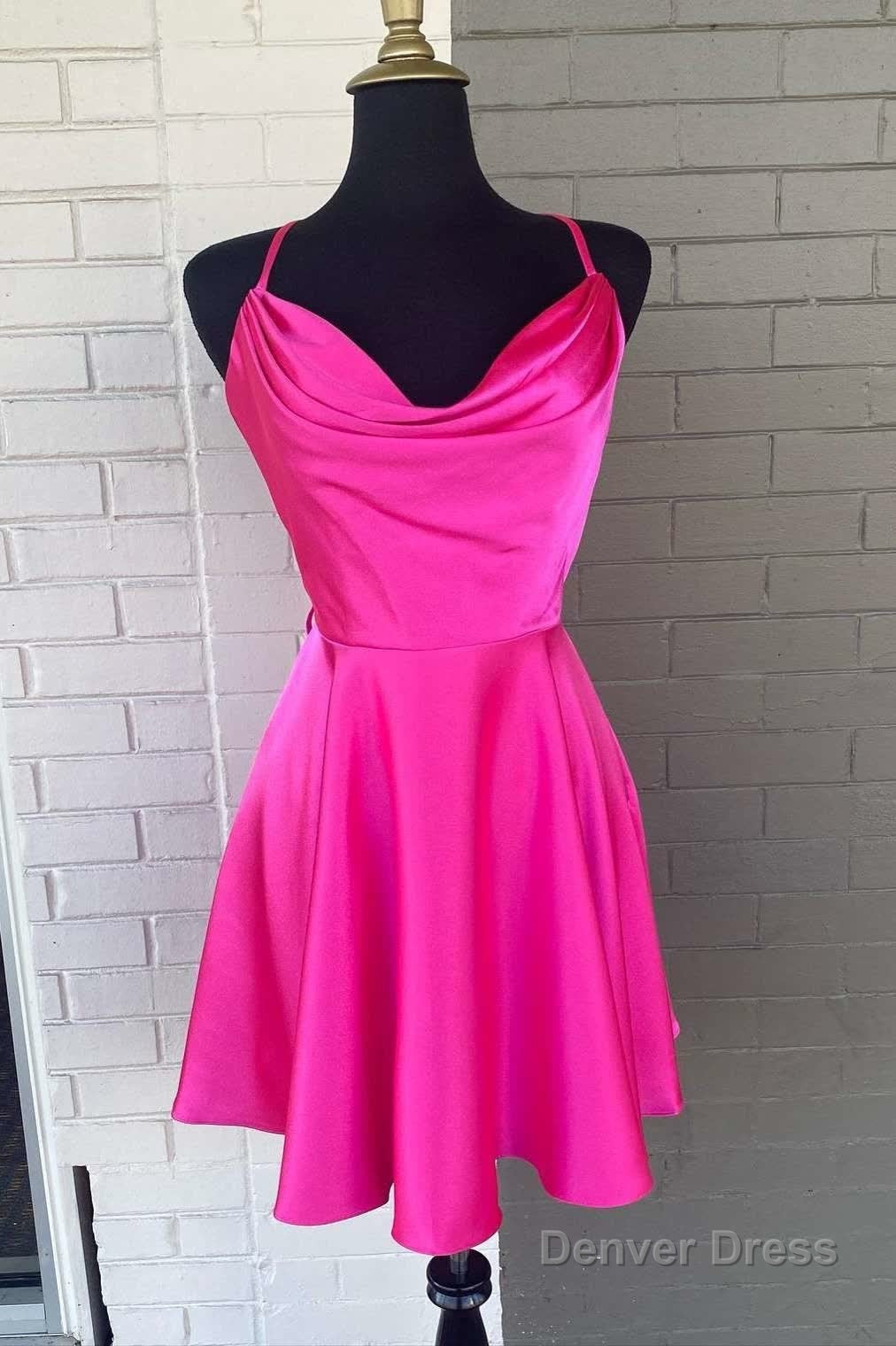 A Line Hot Pink Cowl Neck Lace Up Short Homecoming Dresses