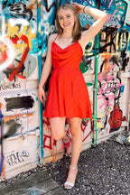 A Line Hot Pink Cowl Neck Lace Up Short Homecoming Dresses