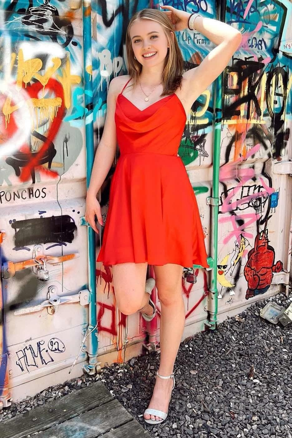 A Line Hot Pink Cowl Neck Lace Up Short Homecoming Dresses