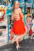 A Line Hot Pink Cowl Neck Lace Up Short Homecoming Dresses