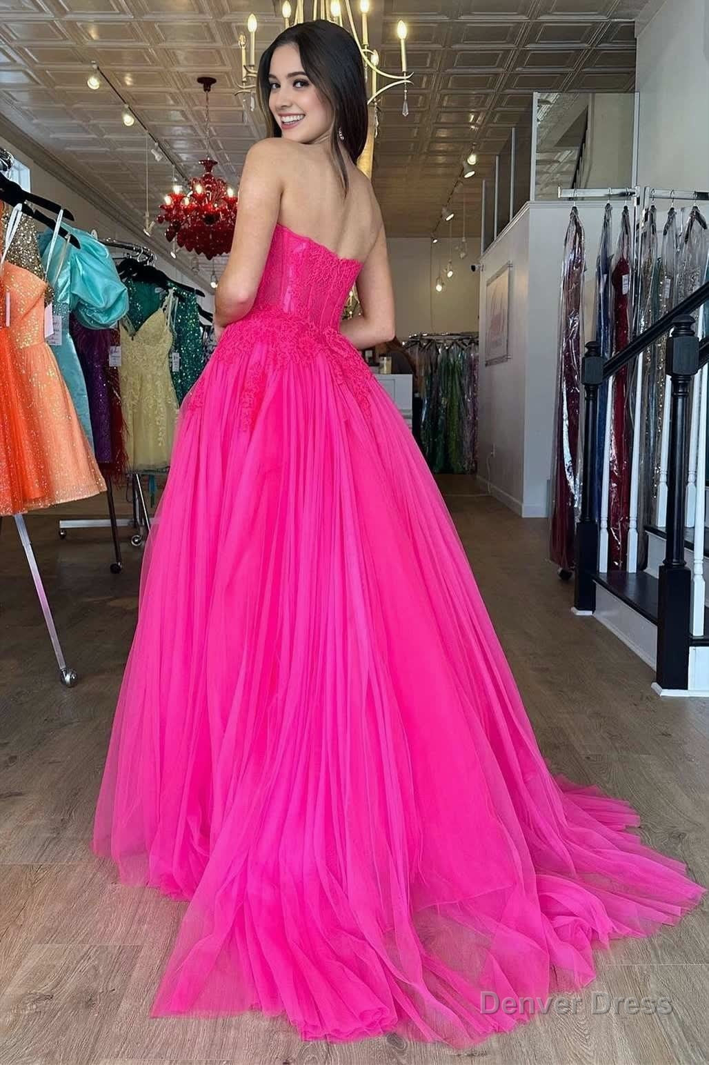 A-Line Hot Pink Tulle Lace StraplessLong Prom Dress