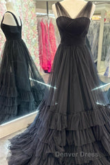 A line Illusion V Neck Layers Tulle Prom Dresses