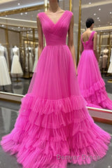 A line Illusion V Neck Layers Tulle Prom Dresses