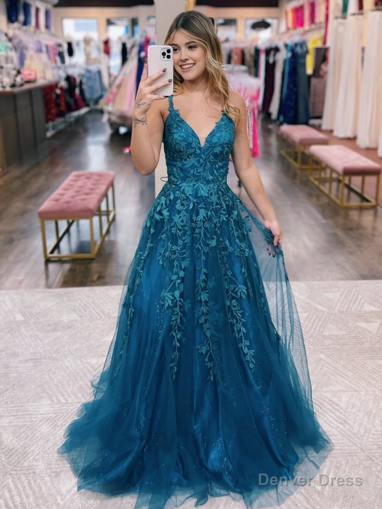 A Line Ink Blue Glitter Tulle Lace Prom Dress Secondary image