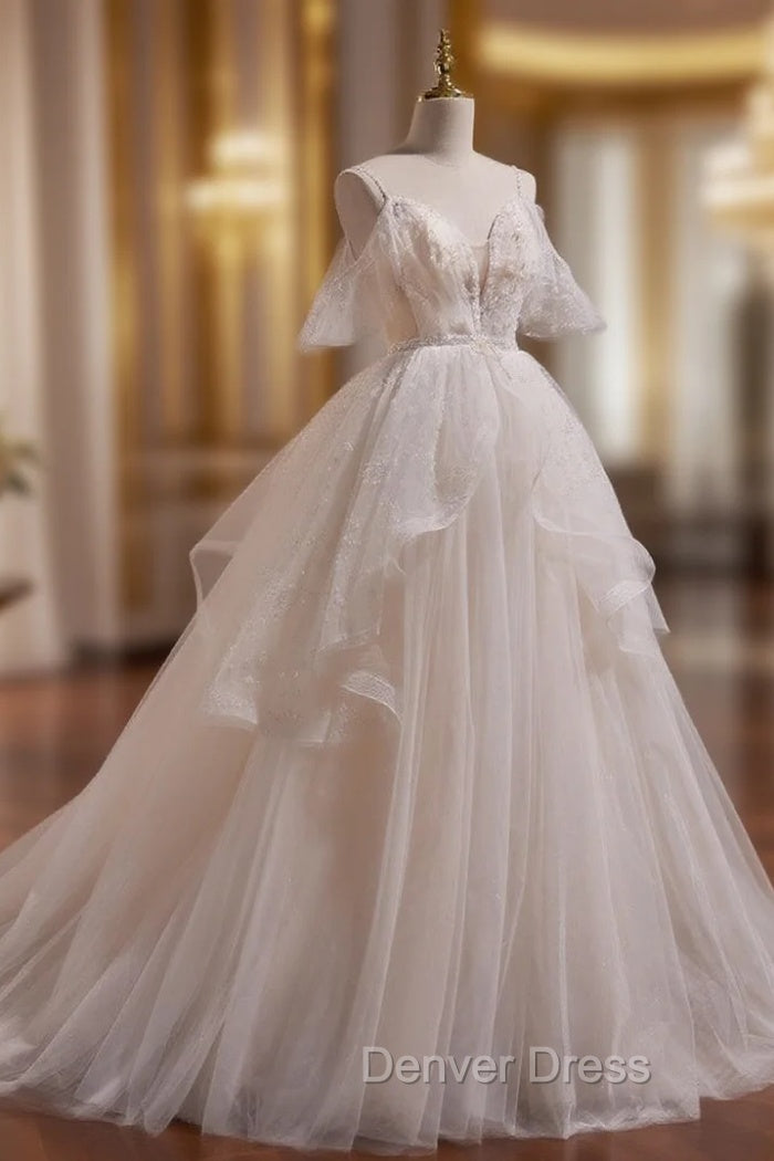 A Line Ivory Beaded Tulle Long Wedding Prom Dress, Ivory Tulle Floor Length Prom Dresses Main image
