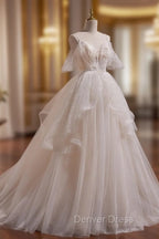 A Line Ivory Beaded Tulle Long Wedding Prom Dress, Ivory Tulle Floor Length Prom Dresses