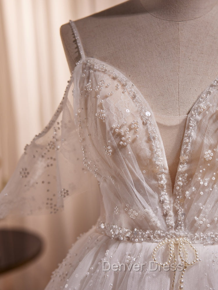 A-line Ivory Beaded Tulle Long Wedding Party Dresses, Ivory Tulle Floor Length Prom Dresses