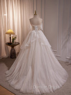 A Line Ivory Beaded Tulle Long Wedding Prom Dress, Ivory Tulle Floor Length Prom Dresses