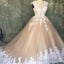 A Line Ivory Lace Cap Sleeves Tulle Champagne Wedding Dresses