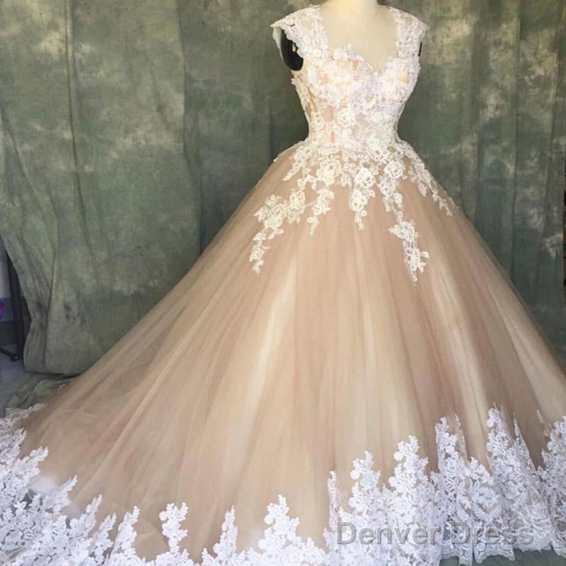 A Line Ivory Lace Cap Sleeves Tulle Champagne Wedding Dresses Main image
