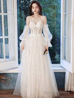 A Line Ivory Tulle Lace Long Prom Dress, Lace Evening Dress