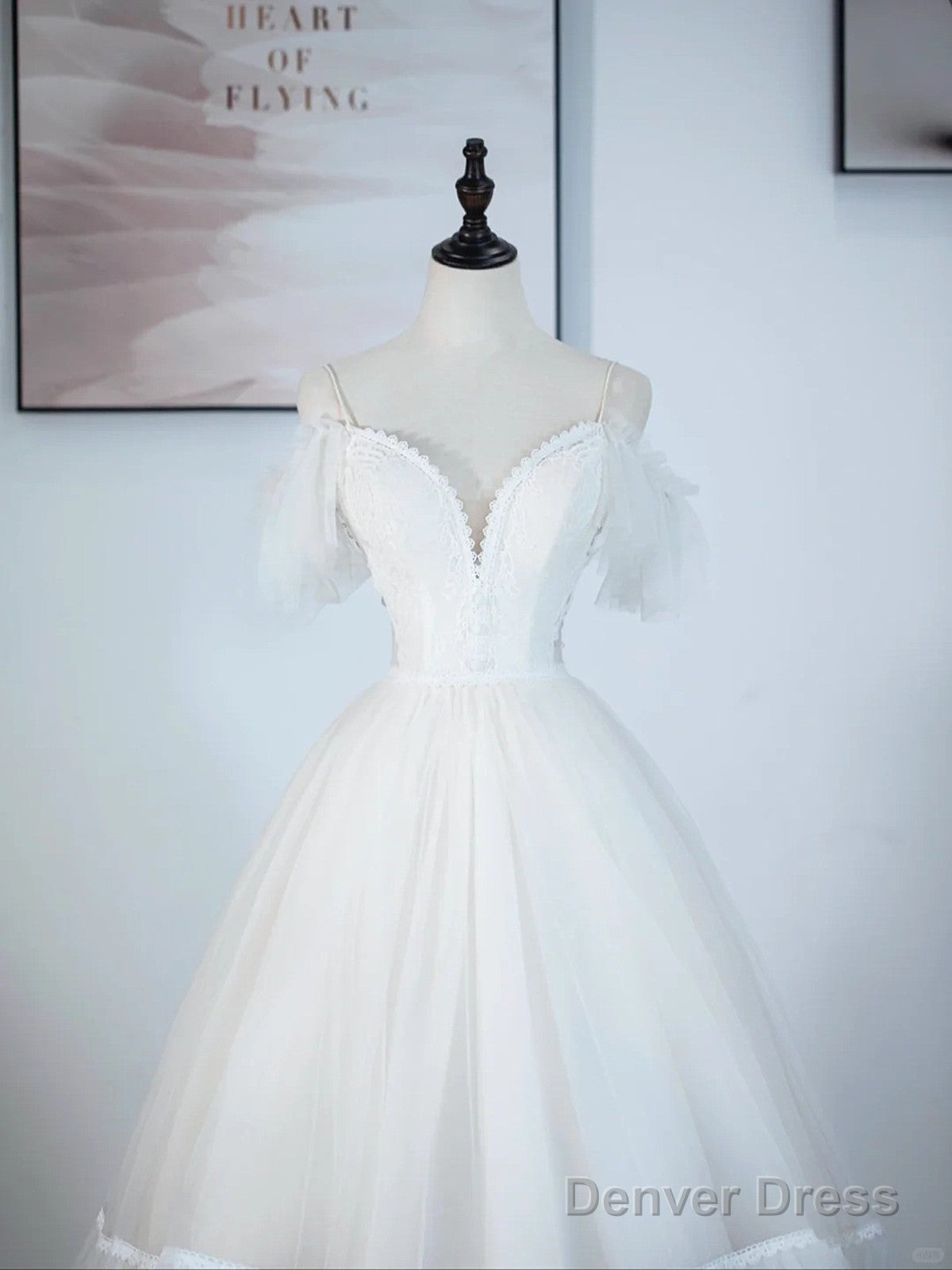 A-Line Ivory Tulle V-Neckline Straps Off Shoulder Party Dress, A-Line Tulle Eveing Dress