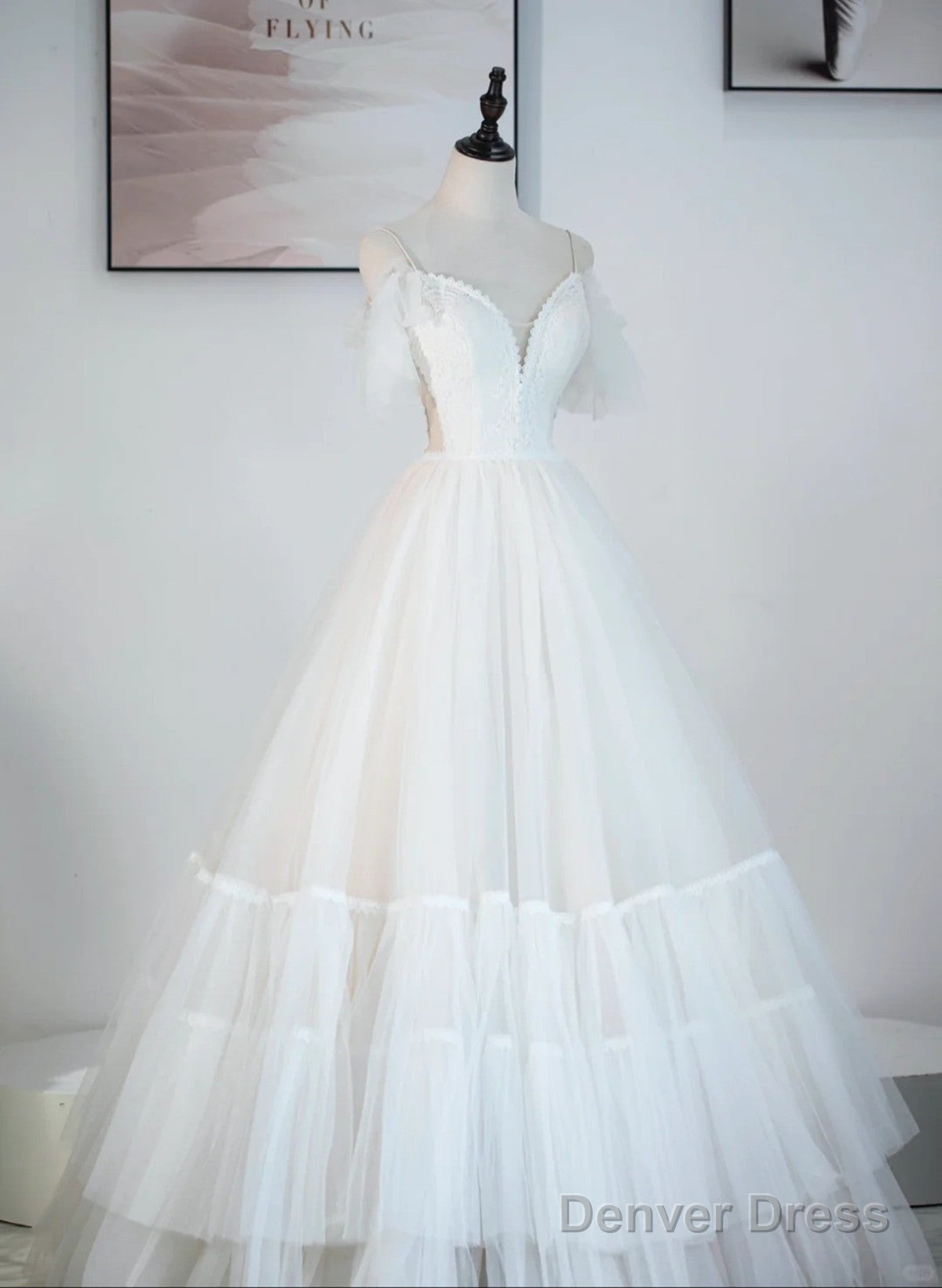 A-Line Ivory Tulle V-Neckline Straps Off Shoulder Prom Dress, A-Line Tulle Eveing Dresses