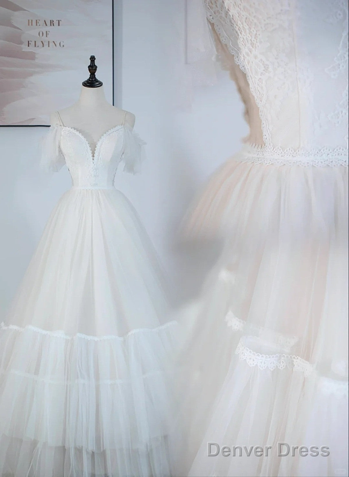 A-Line Ivory Tulle V-Neckline Straps Off Shoulder Prom Dress, A-Line Tulle Eveing Dresses