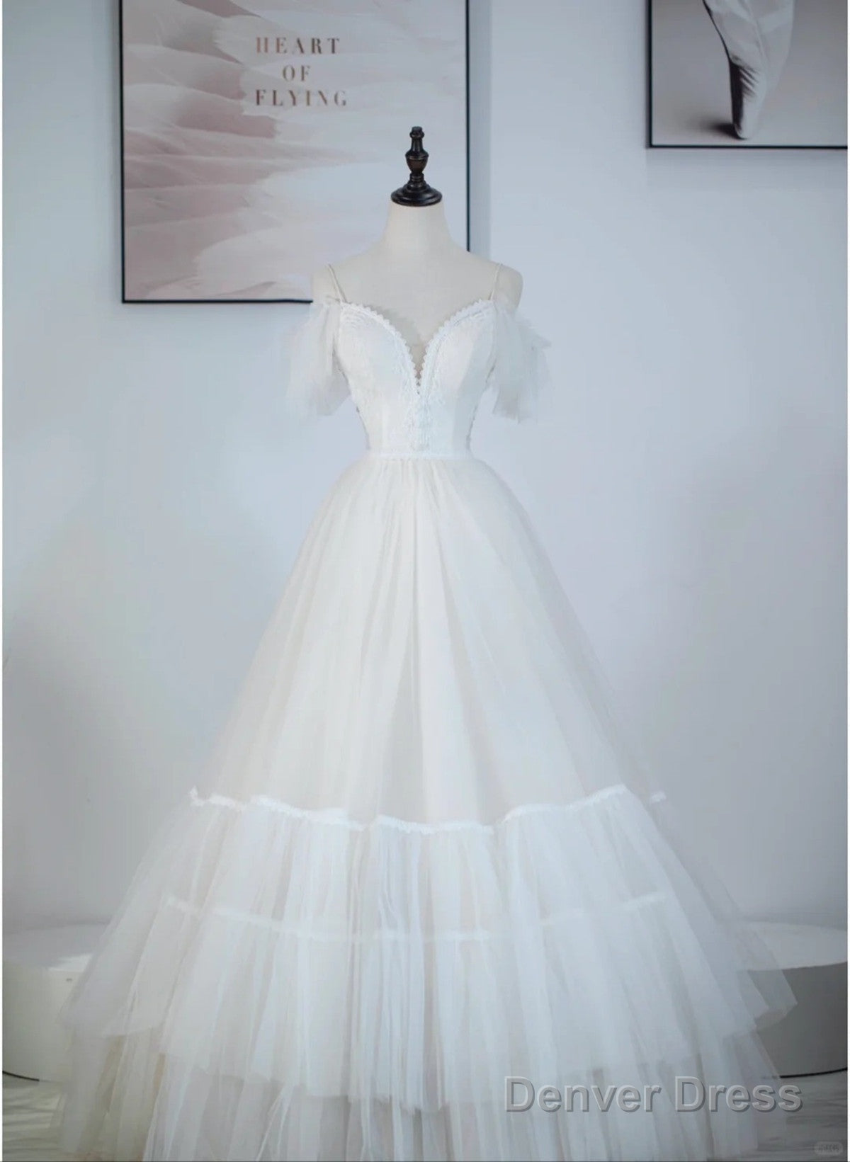 A-Line Ivory Tulle V-Neckline Straps Off Shoulder Prom Dress, A-Line Tulle Eveing Dresses Main image