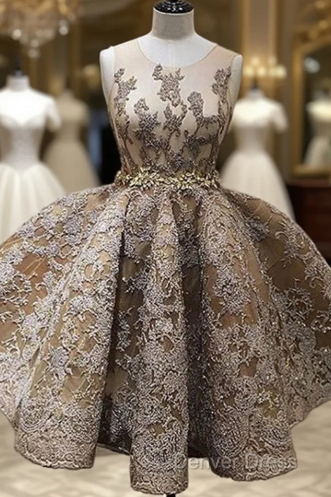 A-Line Jewel Sleeveless Short Prom Dresses With Lace Appliques Main image