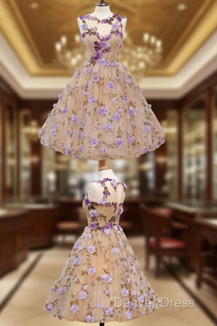 A-Line Jewel Tea-Length Open Back Champagne Tulle Homecoming Dresses With Appliques Flowers