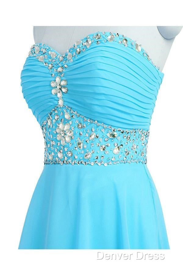 A Line Knee Length Chiffon Blue Homecoming Dresses With Crystals