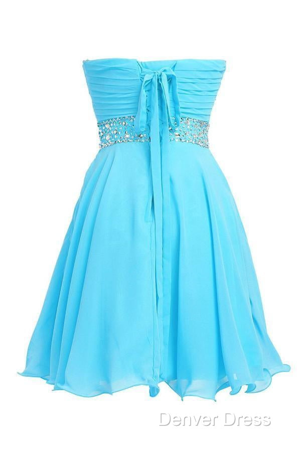 A Line Knee Length Chiffon Blue Homecoming Dresses With Crystals