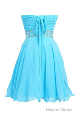 A-Line Knee Length Chiffon Blue Homecoming Dress With Crystals