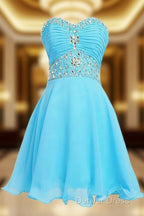 A Line Knee Length Chiffon Blue Homecoming Dresses With Crystals