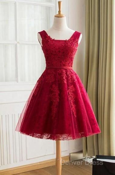 A Line Knee Length Red Tulle Homecoming Dresses With Appliques