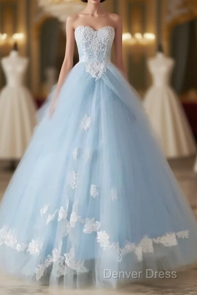 A-Line Lace Chicken Heart Collar Blue Long Ball Dresses Sky Blue Prom Dresses Main image