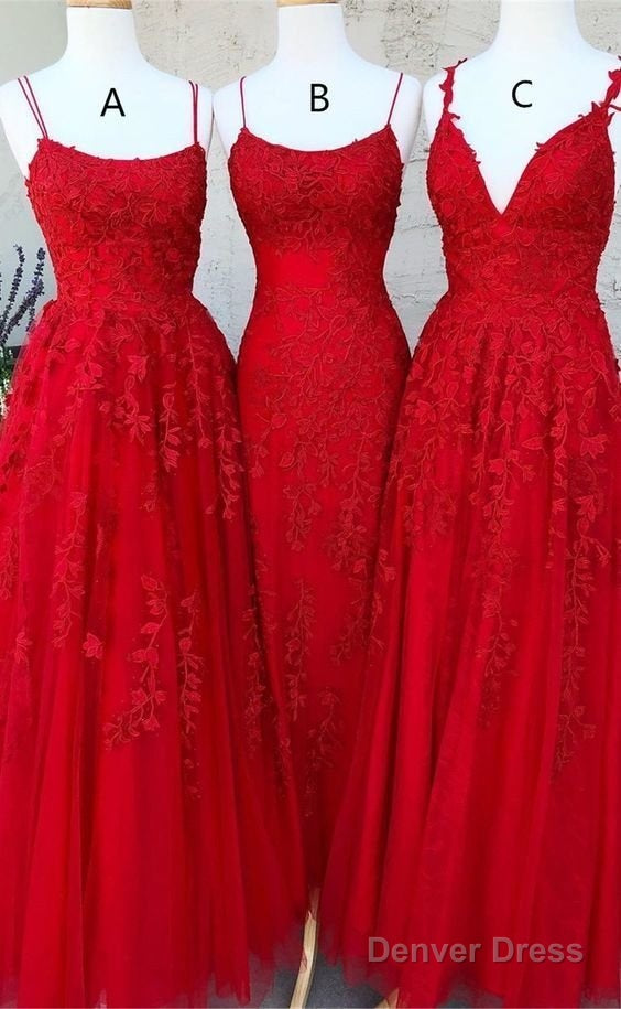 A Line Lace Red Prom Dresses Long Spaghetti Back Crossed Main image