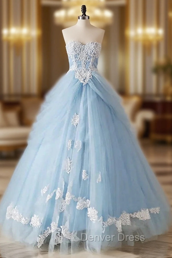 A-Line Lace Sweetheart Neck Blue Long Prom Dresses Main image
