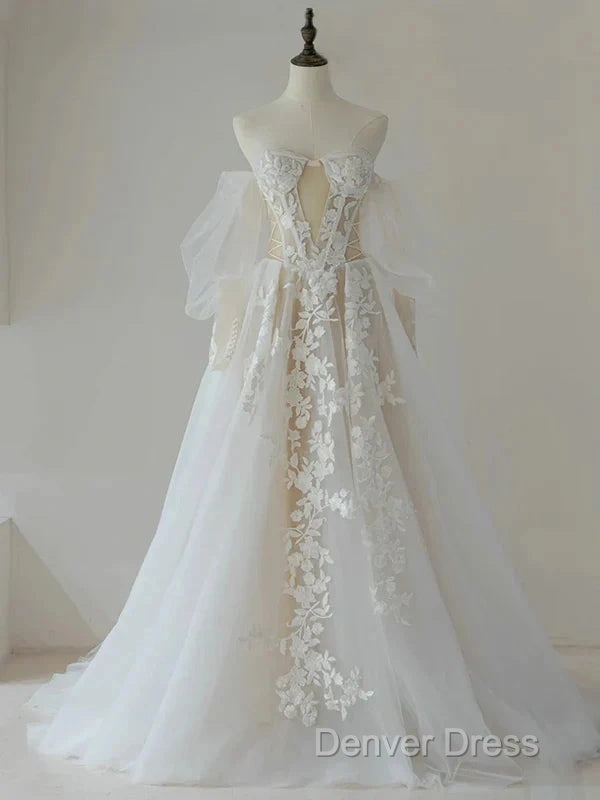 A Line Lace Tulle Long Prom Dress Bride Gowns Wedding Dresses Beautiful