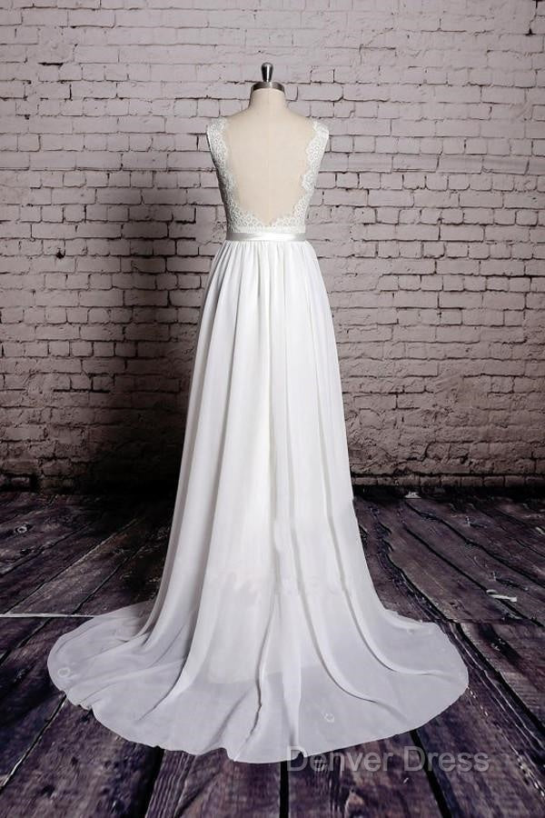 A Line Lace V Neck Backless Sheath Long Wedding Dresses Secondary image