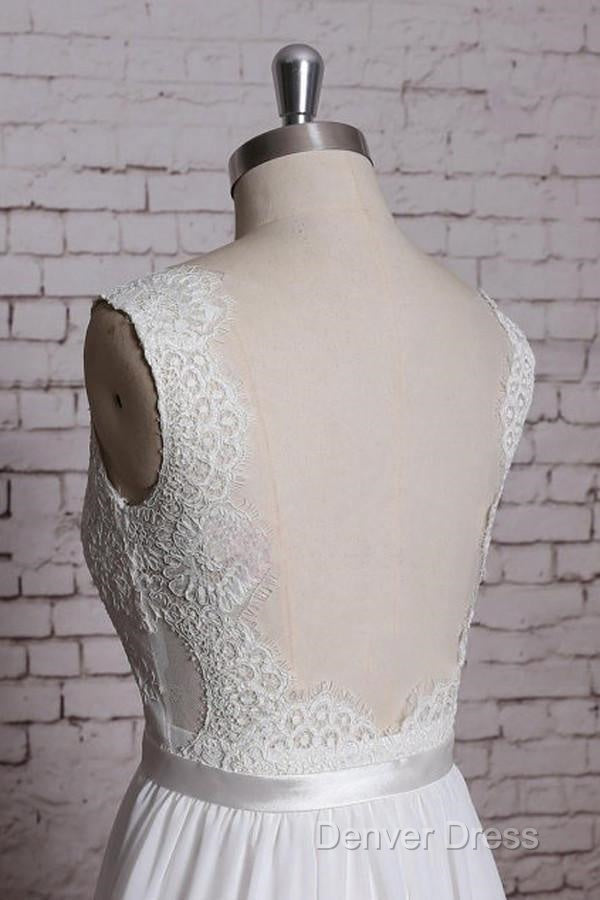 A Line Lace V Neck Backless Sheath Long Wedding Dresses