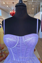 A-Line Lavender Shiny Tulle Prom Dresses, Long Spaghetti Strap Evening Dresses