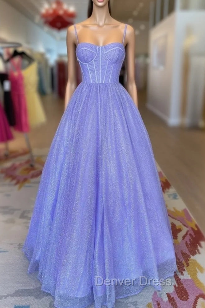 A-Line Lavender Shiny Tulle Prom Dresses, Long Spaghetti Strap Evening Dresses Main image