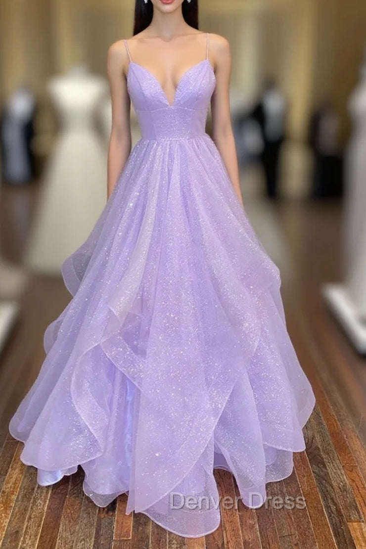 A-Line Lavender Shiny Tulle Prom Dresses, Long Spaghetti Strap Evening Dresses Main image