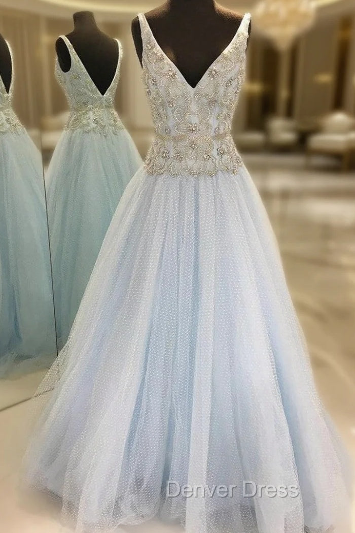 A-Line Light Blue Tulle V-neck Backless With Beading Prom Dresses Main image
