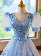 A Line Light Blue Tulle With Lace Short Sleeves Prom Dress, Tulle Sweet 16 Dresses