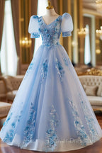 A Line Light Blue Tulle With Lace Short Sleeves Prom Dress, Tulle Sweet 16 Dresses